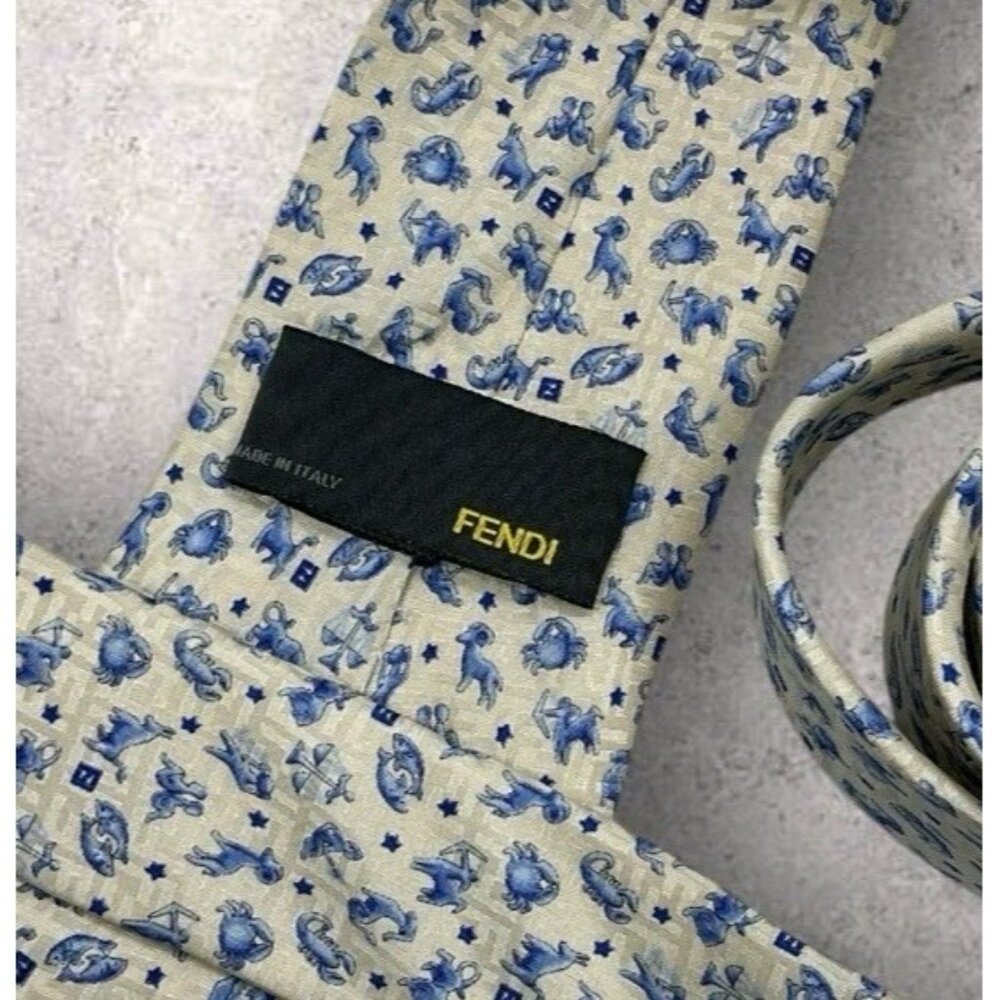 FENDI Silk Tie ITALY Ivory Blue Horoscope W:3.5" EUC - Picture 2 of 7